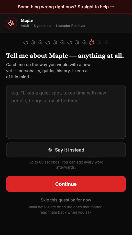 A set-up screen asking you to tell it about your pet in your own words.
